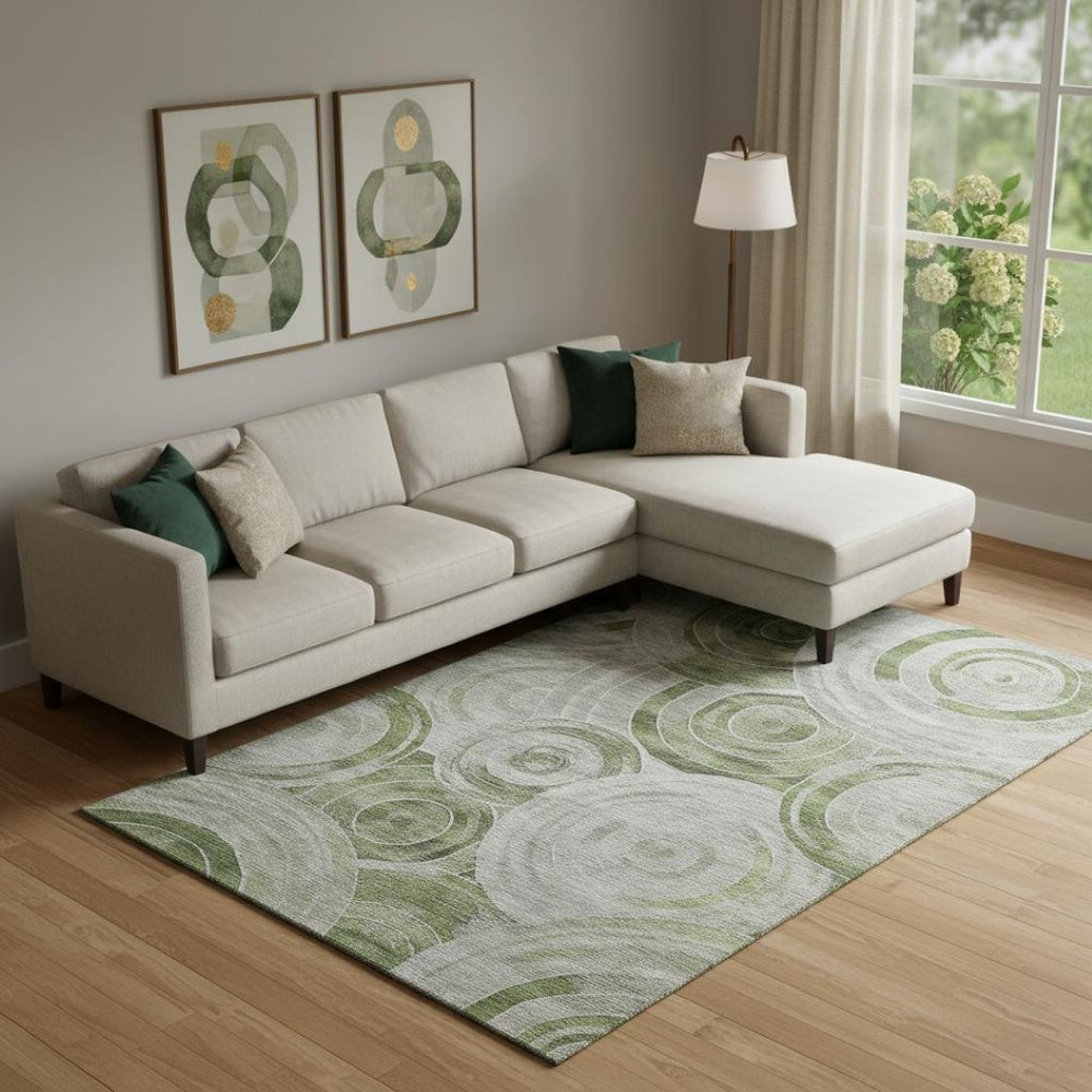 HomeRoots 10' Artichoke Green Gray Silver Geometric Washable Area Rug with UV Protection for Modern Homes 700065