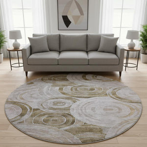 HomeRoots 8' Brown and Gray Geometric Round Rug – Washable, UV-Protected, Modern Design for High-Traffic Areas 700068