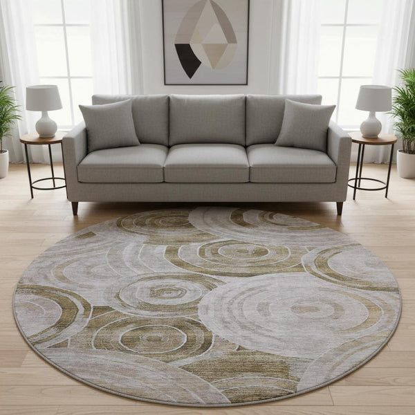 HomeRoots 8' Brown and Gray Geometric Round Rug – Washable, UV-Protected, Modern Design for High-Traffic Areas 700068