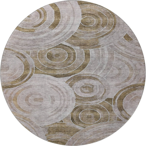 HomeRoots 8' Brown and Gray Geometric Round Rug – Washable, UV-Protected, Modern Design for High-Traffic Areas 700068