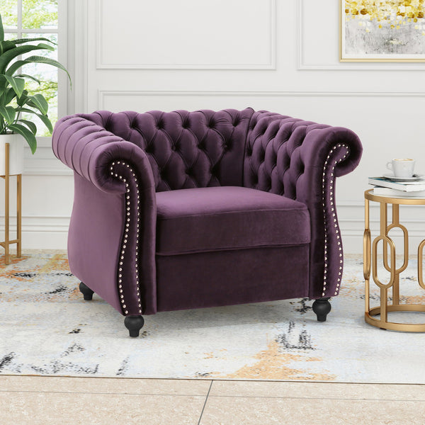 English Elm Christopher Knight Home® - Chesterfield Velvet Club Chair with Birch Wood Legs — Luxurious Textures, Deep Comfort, Elegant Accent Seating Dark Purple 34.75 L x 34 W x 24.75 H 66583.00BLKBRY