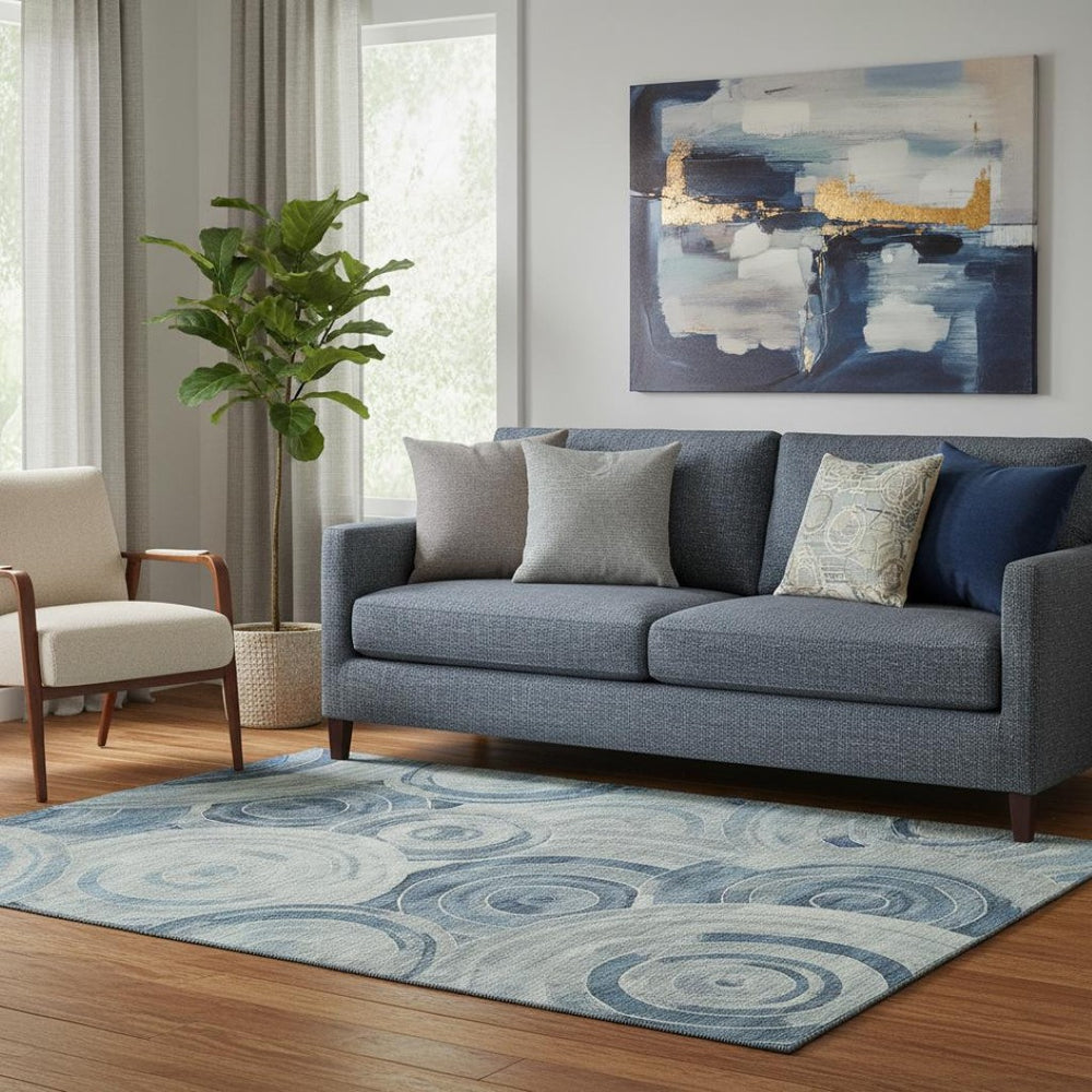HomeRoots 5' Blue and Gray Geometric Area Rug - Washable, UV-Protected, Non-Slip Design for Family Homes 700073