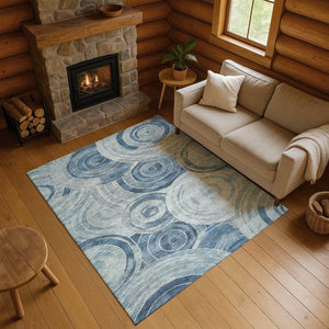 HomeRoots 5' Blue and Gray Geometric Area Rug - Washable, UV-Protected, Non-Slip Design for Family Homes 700073