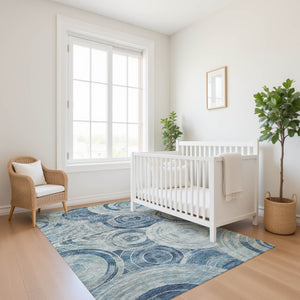 HomeRoots 5' Blue and Gray Geometric Area Rug - Washable, UV-Protected, Non-Slip Design for Family Homes 700073