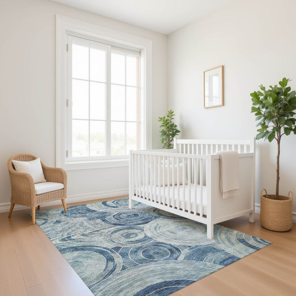 HomeRoots 5' Blue and Gray Geometric Area Rug - Washable, UV-Protected, Non-Slip Design for Family Homes 700073