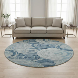 HomeRoots 8' Blue and Gray Geometric Round Rug – Washable, UV-Protected, Non-Slip for Stylish Living Spaces 700074