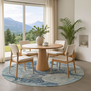 HomeRoots 8' Blue and Gray Geometric Round Rug – Washable, UV-Protected, Non-Slip for Stylish Living Spaces 700074