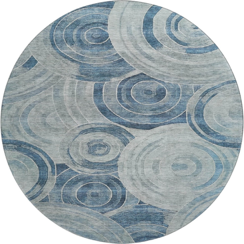 HomeRoots 8' Blue and Gray Geometric Round Rug – Washable, UV-Protected, Non-Slip for Stylish Living Spaces 700074