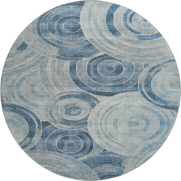 HomeRoots 8' Blue and Gray Geometric Round Rug – Washable, UV-Protected, Non-Slip for Stylish Living Spaces 700074