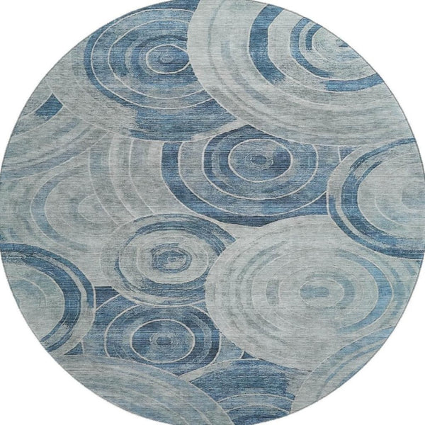 HomeRoots 8' Blue and Gray Geometric Round Rug – Washable, UV-Protected, Non-Slip for Stylish Living Spaces 700074