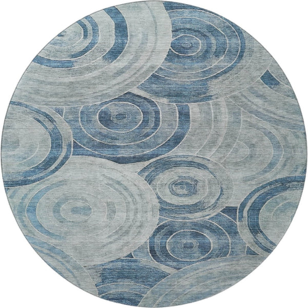 HomeRoots 8' Blue and Gray Geometric Round Rug – Washable, UV-Protected, Non-Slip for Stylish Living Spaces 700074