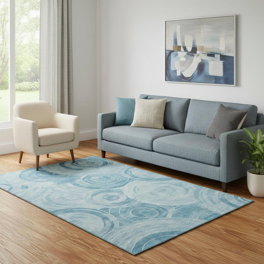 HomeRoots 5' Denim Blue & Sky Blue Geometric Washable Area Rug - Durable, UV Protected, Perfect for Homes! 700079