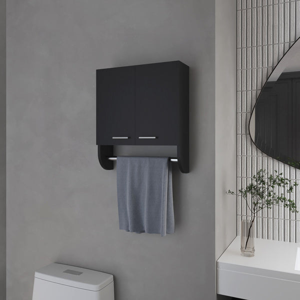 English Elm Goodyear Melamine Medicine Cabinet with Towel Bar, Black — 2 Doors, 2 Shelves, Moisture-Resistant Organizer B128P237153