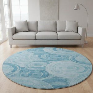 HomeRoots 8' Denim Blue & Sky Blue Geometric Washable Round Rug - UV Protected, Stain Resistant & Versatile Design 700080
