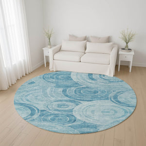 HomeRoots 8' Denim Blue & Sky Blue Geometric Washable Round Rug - UV Protected, Stain Resistant & Versatile Design 700080