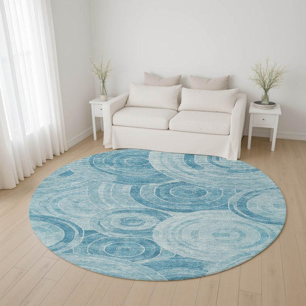 HomeRoots 8' Denim Blue & Sky Blue Geometric Washable Round Rug - UV Protected, Stain Resistant & Versatile Design 700080