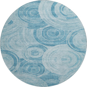 HomeRoots 8' Denim Blue & Sky Blue Geometric Washable Round Rug - UV Protected, Stain Resistant & Versatile Design 700080