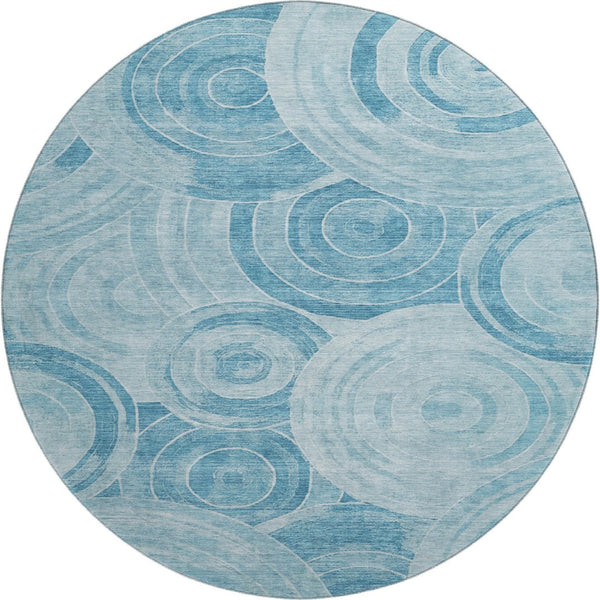 HomeRoots 8' Denim Blue & Sky Blue Geometric Washable Round Rug - UV Protected, Stain Resistant & Versatile Design 700080