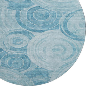 HomeRoots 8' Denim Blue & Sky Blue Geometric Washable Round Rug - UV Protected, Stain Resistant & Versatile Design 700080