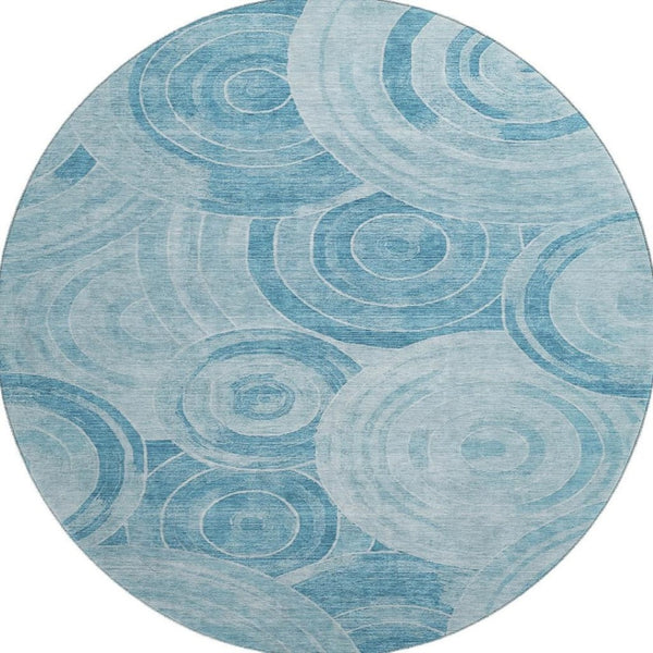 HomeRoots 8' Denim Blue & Sky Blue Geometric Washable Round Rug - UV Protected, Stain Resistant & Versatile Design 700080