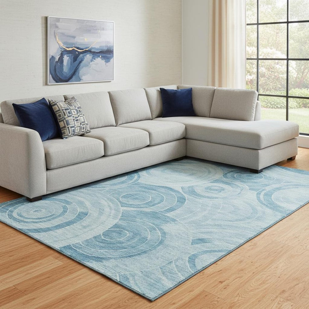 HomeRoots 8' X 10' Denim Blue & Sky Blue Geometric Area Rug - Washable, UV-Protected, Family-Friendly Design! 700081