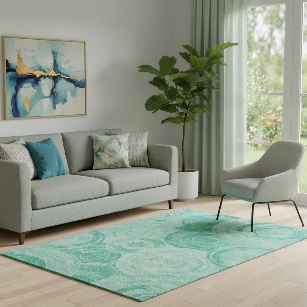 HomeRoots 5' X 8' Teal and Ivory Geometric Area Rug – Washable, Stain-Resistant, UV Protected for Durability! 700091