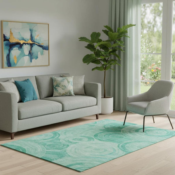 HomeRoots 5' X 8' Teal and Ivory Geometric Area Rug – Washable, Stain-Resistant, UV Protected for Durability! 700091