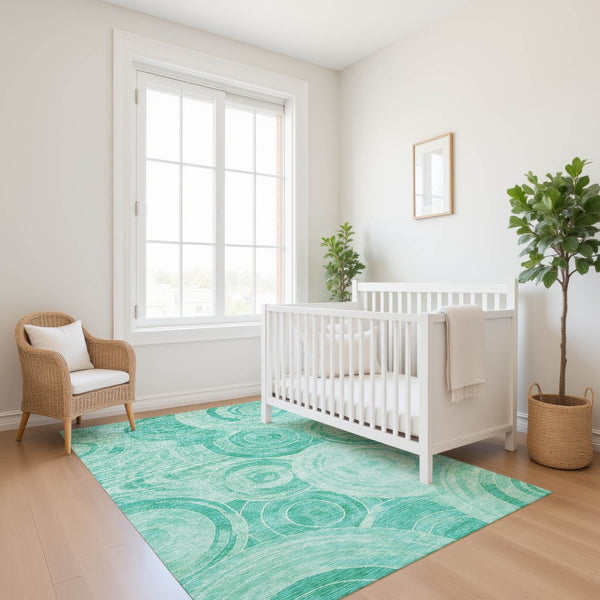 HomeRoots 5' X 8' Teal and Ivory Geometric Area Rug – Washable, Stain-Resistant, UV Protected for Durability! 700091