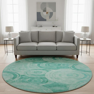 HomeRoots 8' Teal and Ivory Geometric Round Rug - Washable, UV-Protected, Stain-Resistant, Non-Slip Backing! 700092
