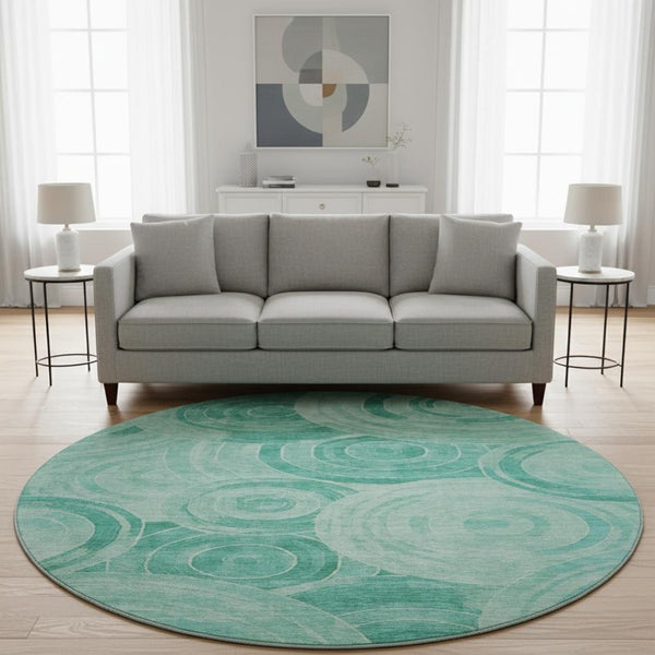 HomeRoots 8' Teal and Ivory Geometric Round Rug - Washable, UV-Protected, Stain-Resistant, Non-Slip Backing! 700092