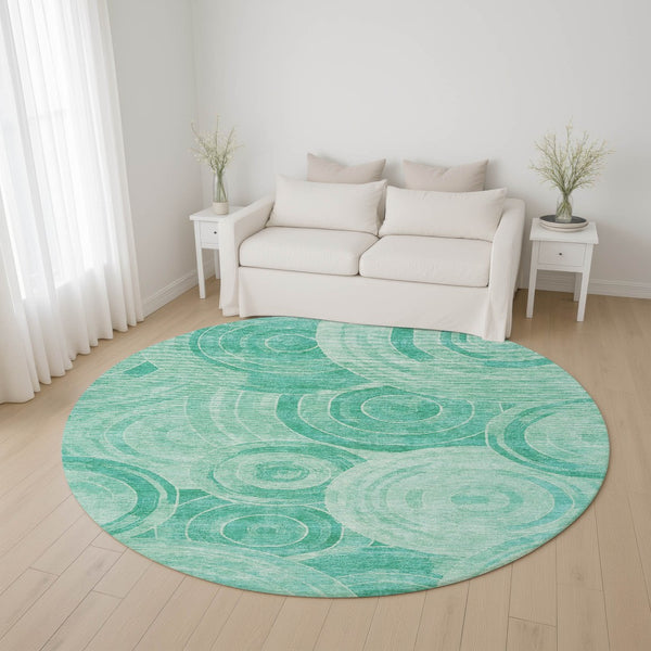 HomeRoots 8' Teal and Ivory Geometric Round Rug - Washable, UV-Protected, Stain-Resistant, Non-Slip Backing! 700092