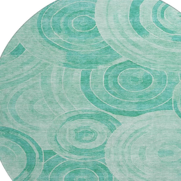 HomeRoots 8' Teal and Ivory Geometric Round Rug - Washable, UV-Protected, Stain-Resistant, Non-Slip Backing! 700092