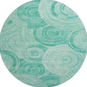 HomeRoots 8' Teal and Ivory Geometric Round Rug - Washable, UV-Protected, Stain-Resistant, Non-Slip Backing! 700092