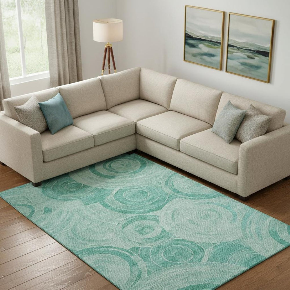 HomeRoots 9' X 12' Teal and Ivory Geometric Area Rug - Durable, Stain-Resistant, UV Protected for High-Traffic Spaces 700094