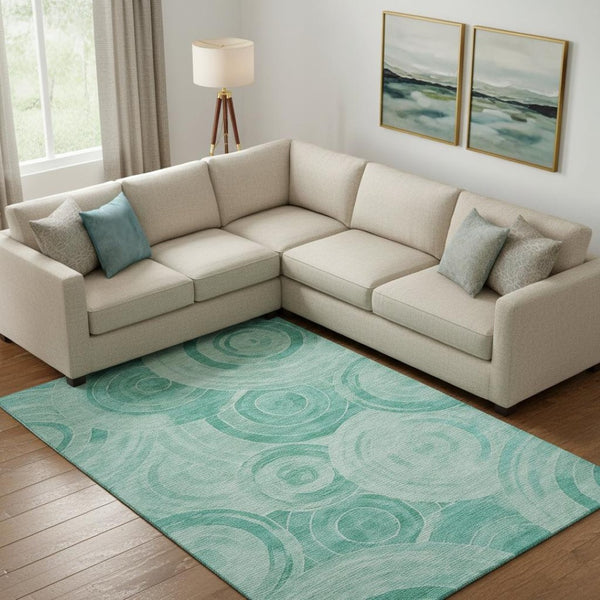 HomeRoots 9' X 12' Teal and Ivory Geometric Area Rug - Durable, Stain-Resistant, UV Protected for High-Traffic Spaces 700094