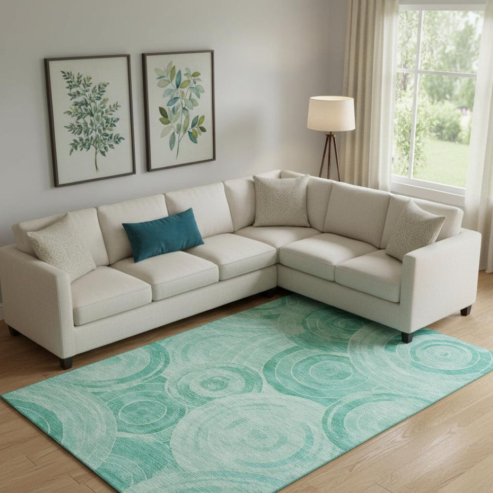 HomeRoots 10' Teal and Ivory Geometric Washable Area Rug - Durable, UV-Protected, Perfect for Family Spaces! 700095