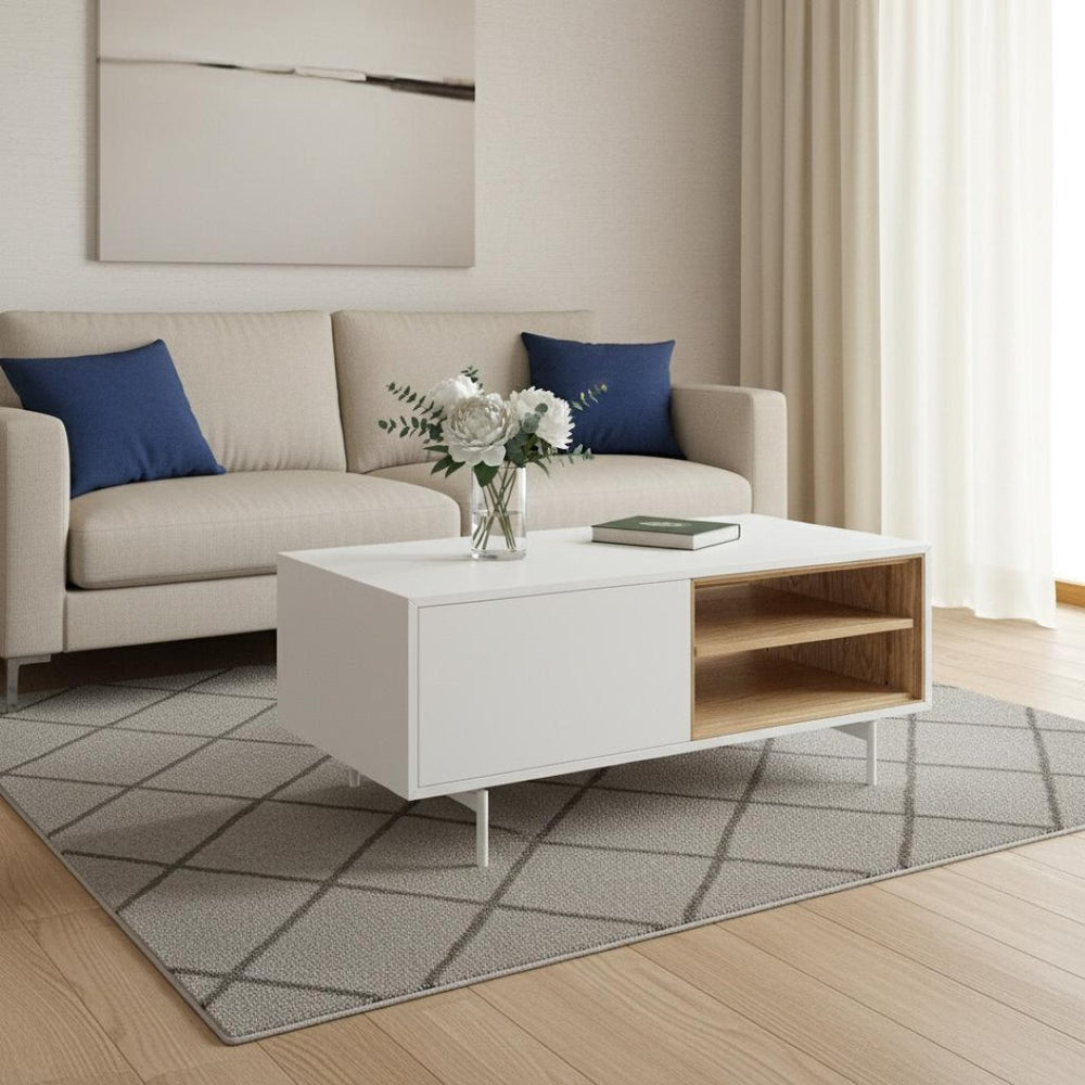 HomeRoots 47" White Wood and Steel Coffee Table - Stylish Storage Solution with Two Shelves for Modern Living 700108