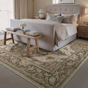 HomeRoots 6' Timeless Brown Beige Ivory Medallion Area Rug – Washable, Stain-Resistant, Non-Slip Backing 6' X 9' 700112