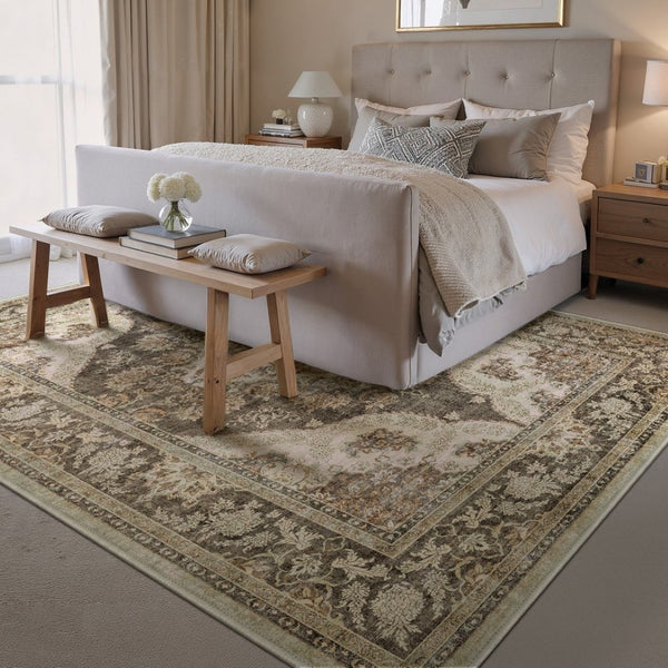 HomeRoots 6' Timeless Brown Beige Ivory Medallion Area Rug – Washable, Stain-Resistant, Non-Slip Backing 6' X 9' 700112