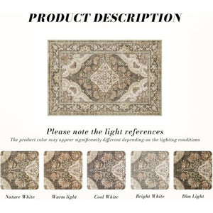 HomeRoots 6' Timeless Brown Beige Ivory Medallion Area Rug – Washable, Stain-Resistant, Non-Slip Backing 6' X 9' 700112