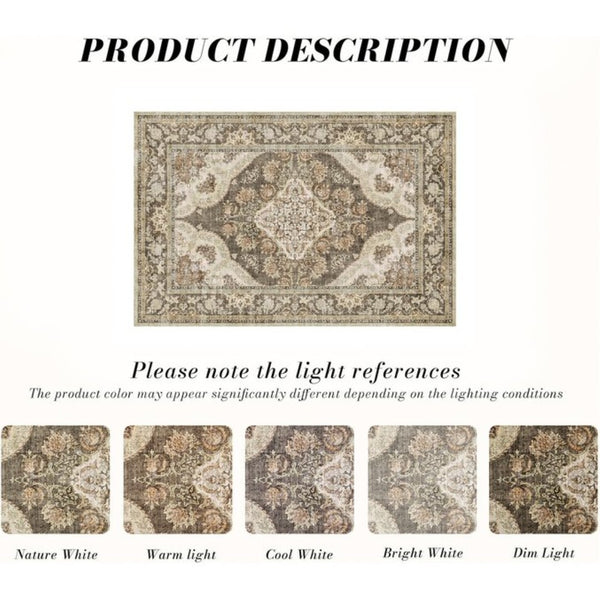 HomeRoots 6' Timeless Brown Beige Ivory Medallion Area Rug – Washable, Stain-Resistant, Non-Slip Backing 6' X 9' 700112