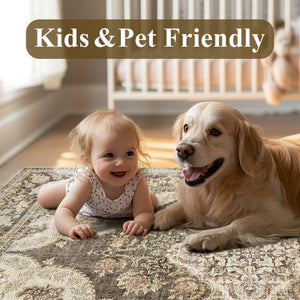 HomeRoots 6' Timeless Brown Beige Ivory Medallion Area Rug – Washable, Stain-Resistant, Non-Slip Backing 6' X 9' 700112
