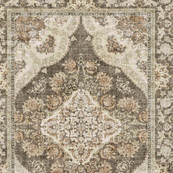 HomeRoots 6' Timeless Brown Beige Ivory Medallion Area Rug – Washable, Stain-Resistant, Non-Slip Backing 6' X 9' 700112
