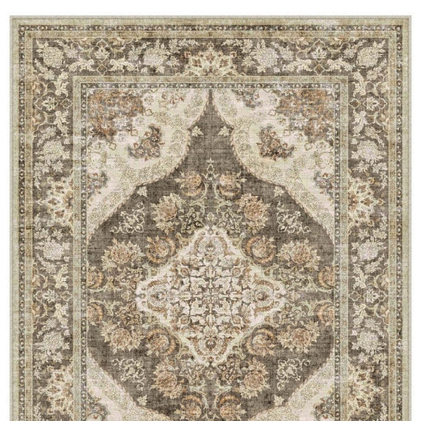 HomeRoots 6' Timeless Brown Beige Ivory Medallion Area Rug – Washable, Stain-Resistant, Non-Slip Backing 6' X 9' 700112