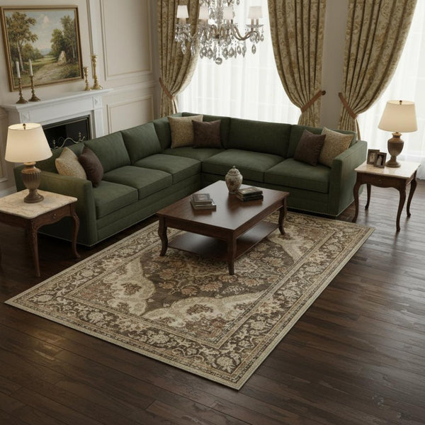 HomeRoots 6' Timeless Brown Beige Ivory Medallion Area Rug – Washable, Stain-Resistant, Non-Slip Backing 6' X 9' 700112