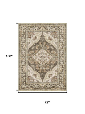 HomeRoots 6' Timeless Brown Beige Ivory Medallion Area Rug – Washable, Stain-Resistant, Non-Slip Backing 6' X 9' 700112