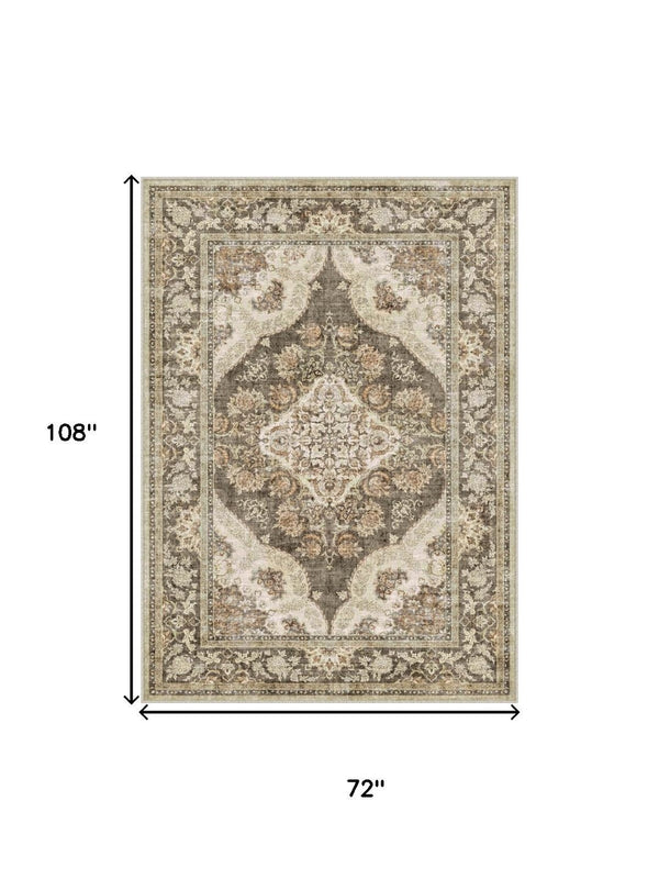 HomeRoots 6' Timeless Brown Beige Ivory Medallion Area Rug – Washable, Stain-Resistant, Non-Slip Backing 6' X 9' 700112