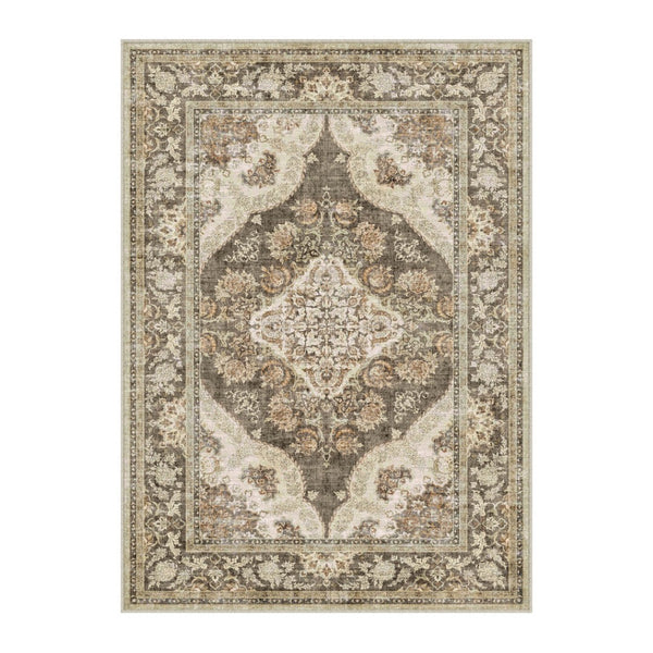HomeRoots 6' Timeless Brown Beige Ivory Medallion Area Rug – Washable, Stain-Resistant, Non-Slip Backing 8' X 10' 700113