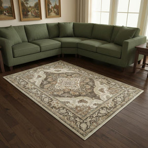 HomeRoots 6' Timeless Brown Beige Ivory Medallion Area Rug – Washable, Stain-Resistant, Non-Slip Backing 8' X 10' 700113