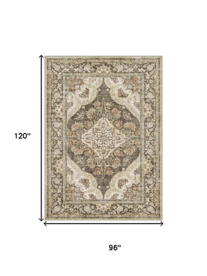HomeRoots 6' Timeless Brown Beige Ivory Medallion Area Rug – Washable, Stain-Resistant, Non-Slip Backing 8' X 10' 700113